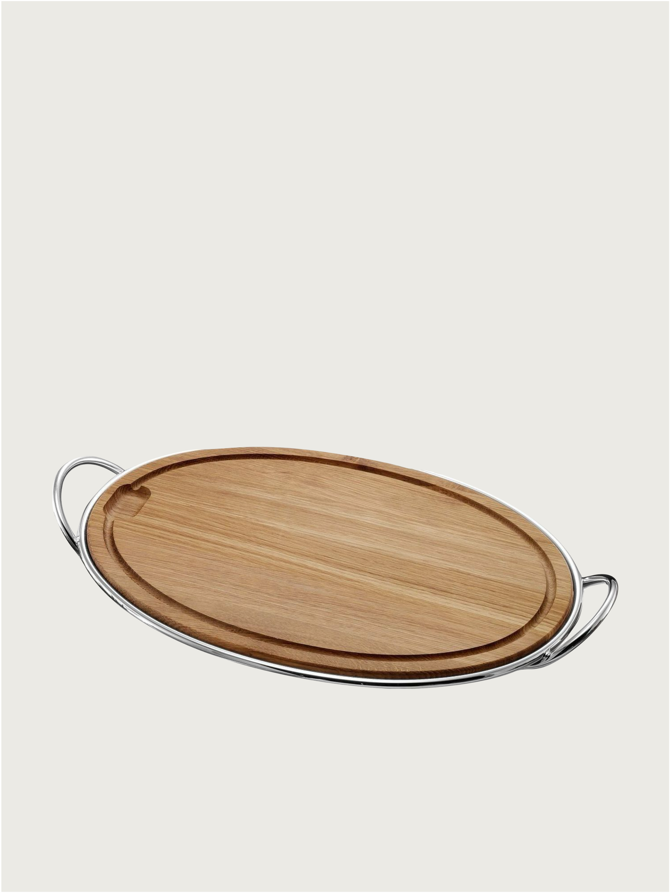 The zanetto Oval 'Binario' Cutting Board features beech wood, raised edges, and two plus-plated stainless alloy handles, shown on a plain light background.