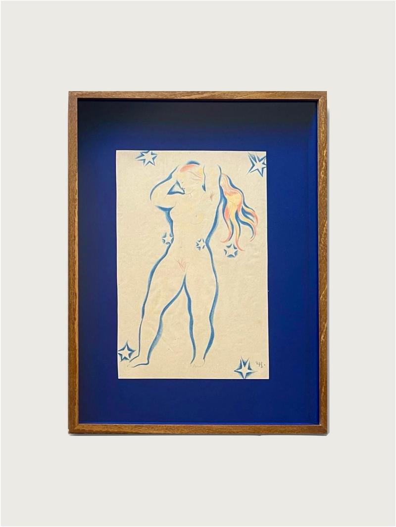The 1930s Drawing by Ernst Hansen from Médecine features a stylized nude figure with long hair, outlined in blue and orange, surrounded by blue stars on a deep blue mat and light background—an artwork inspired by the Danish painter.