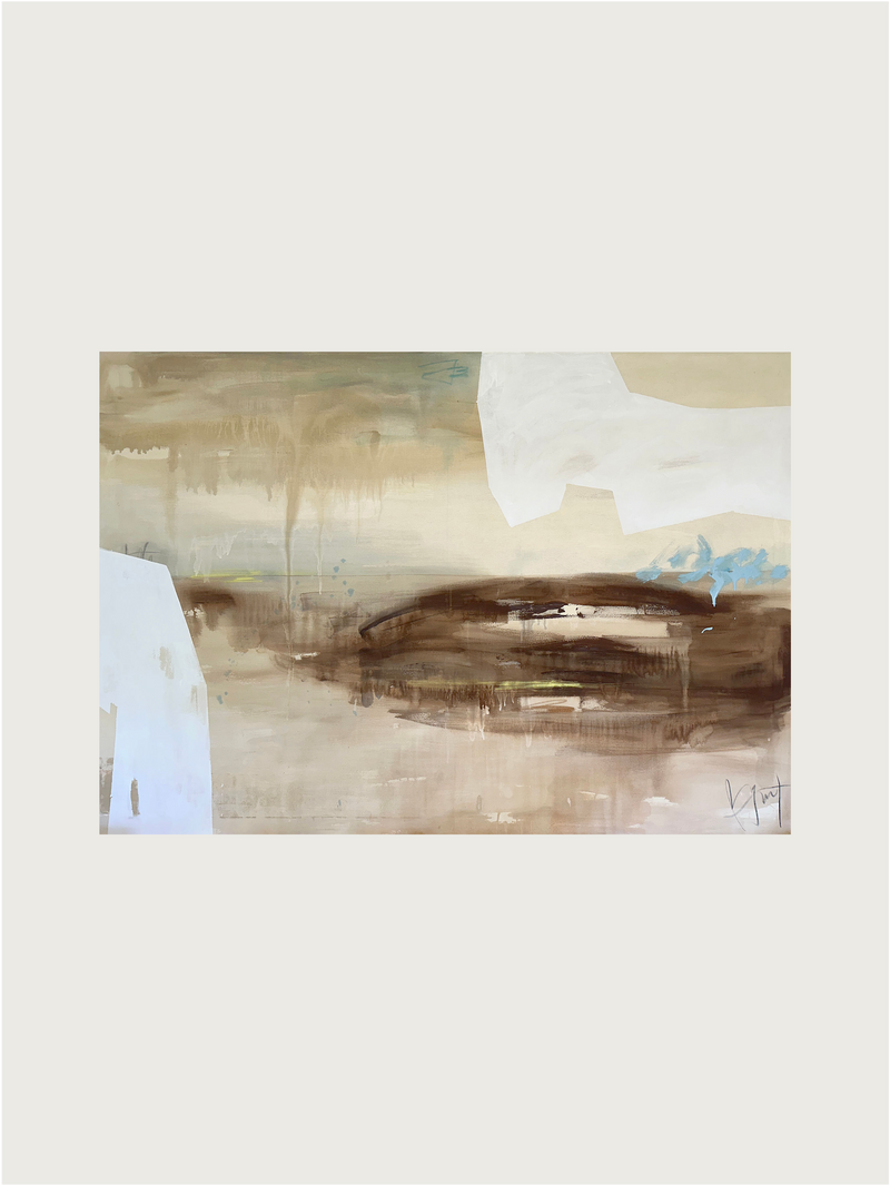 Abstract landscape painting with brown brushstrokes and blue accents