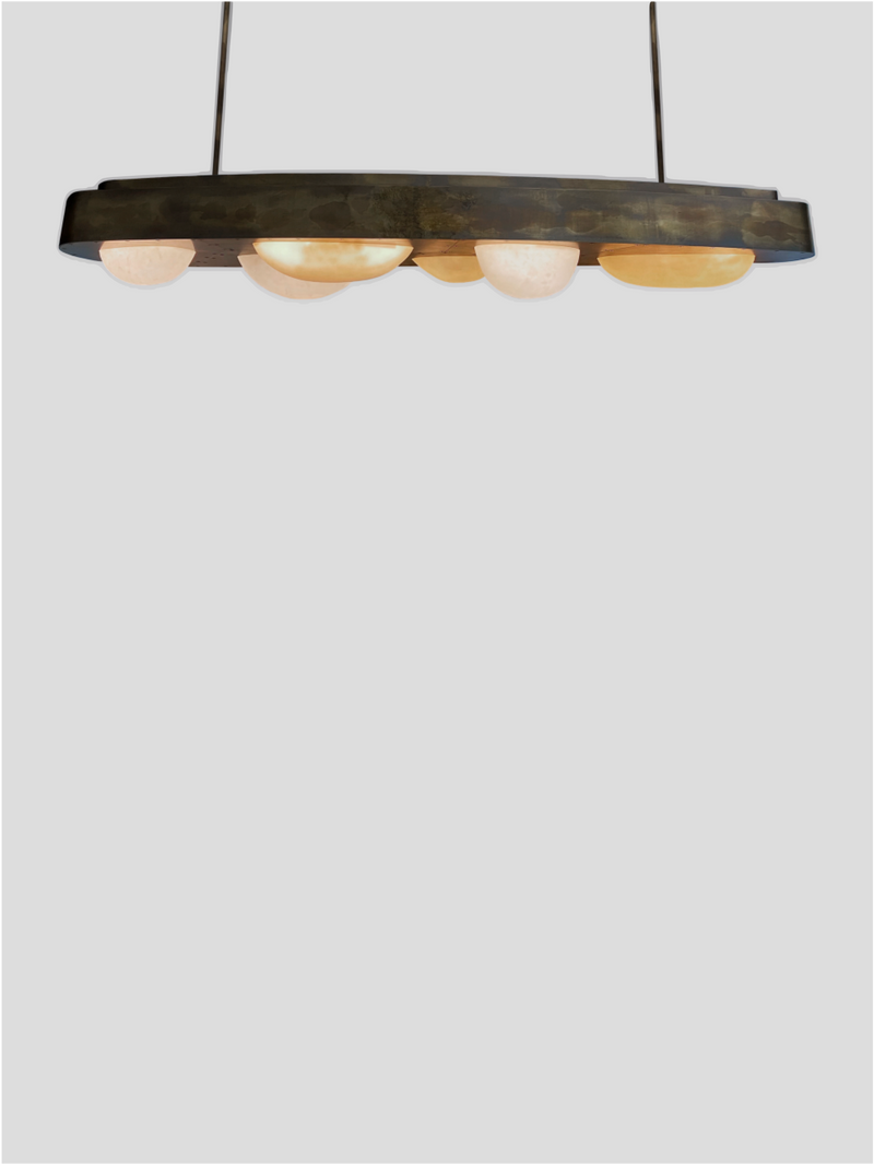 Bubbles Curved chandelier with five glass shades on dark wood beam