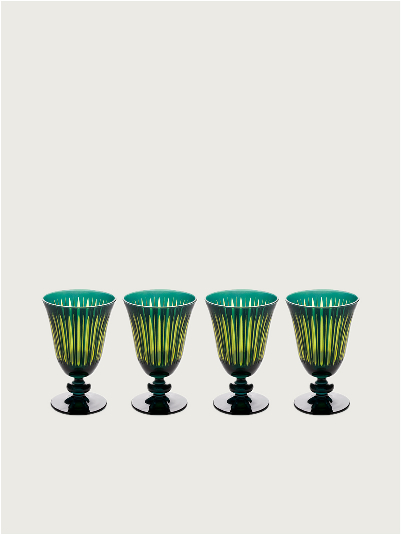 Set of 4 green prism wine glasses with vertical cut pattern
