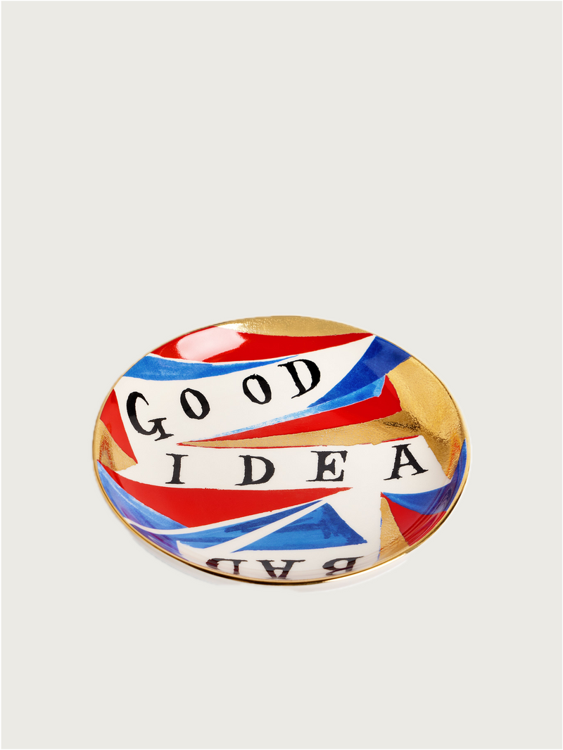 Decorative ceramic plate with patriotic red white blue design and Good Idea text