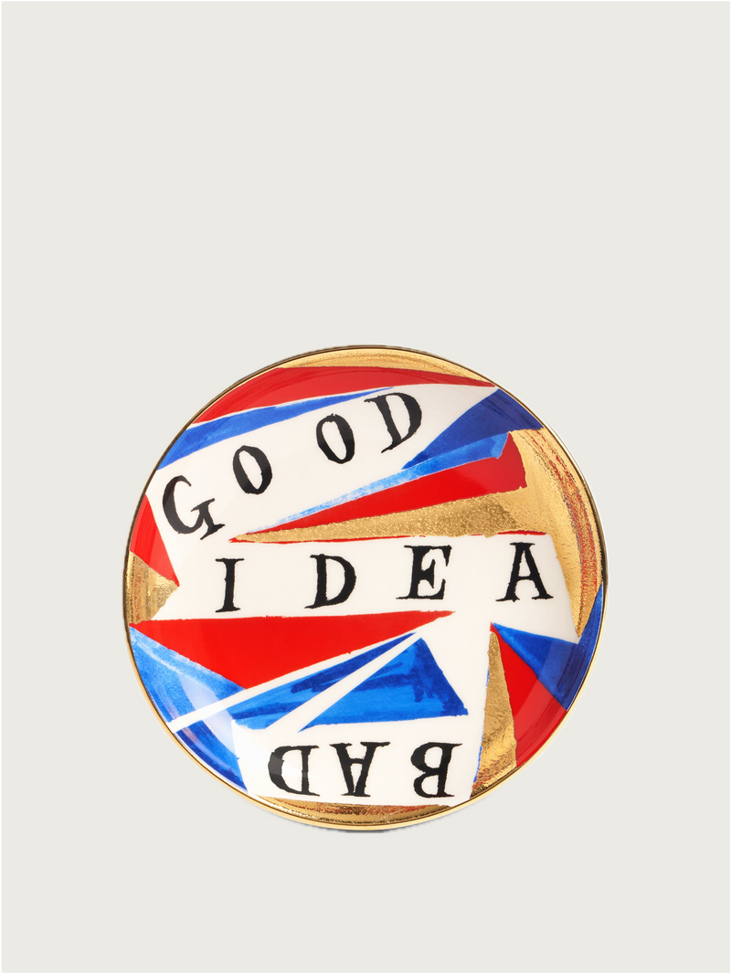 Ruan Hoffmann ceramic plate with Good Idea Bad text and colorful design