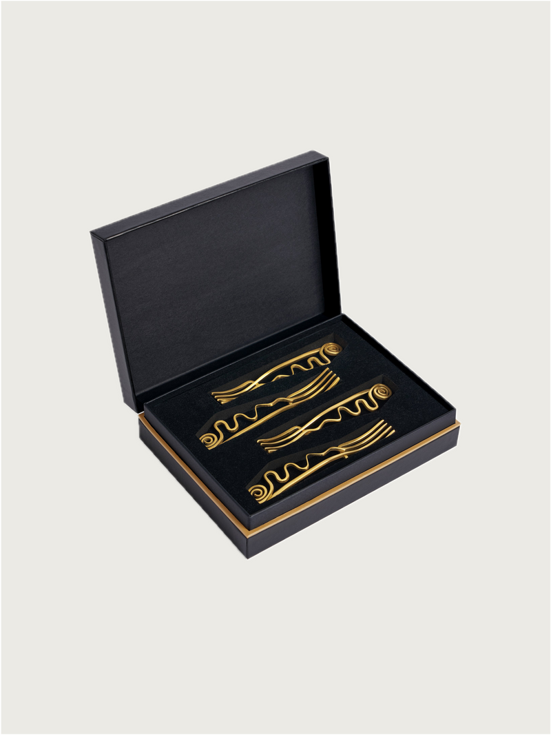 Set of 4 gold spiral cocktail forks in luxury black presentation box