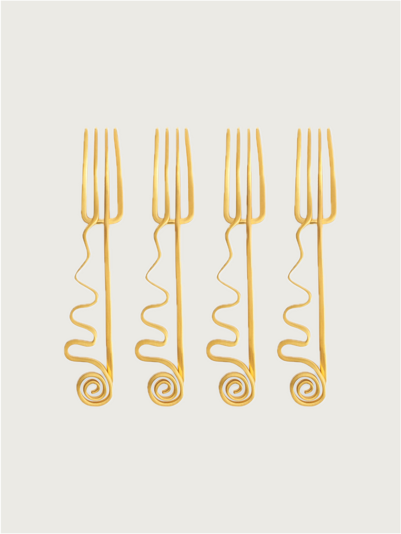 Set of 4 gold spiral cocktail forks with twisted handles