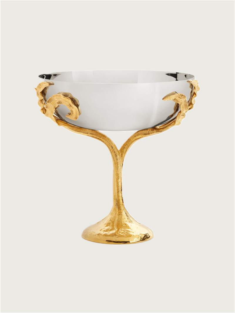 Elegant gold fern-motif glass bowl on ornate pedestal stand