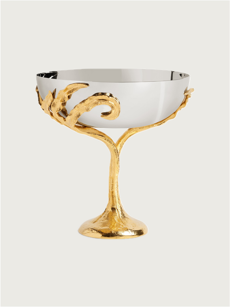 Gold fern stem supporting polished steel serveware bowl