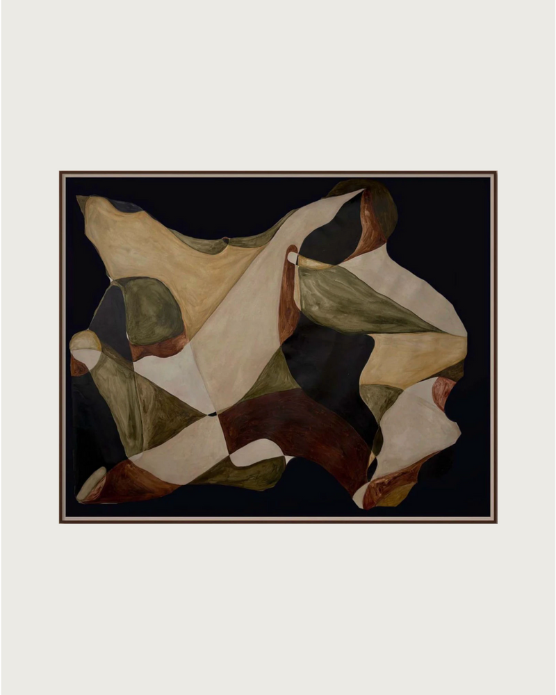 Abstract painting with flowing organic shapes in olive, cream, and burgundy tones