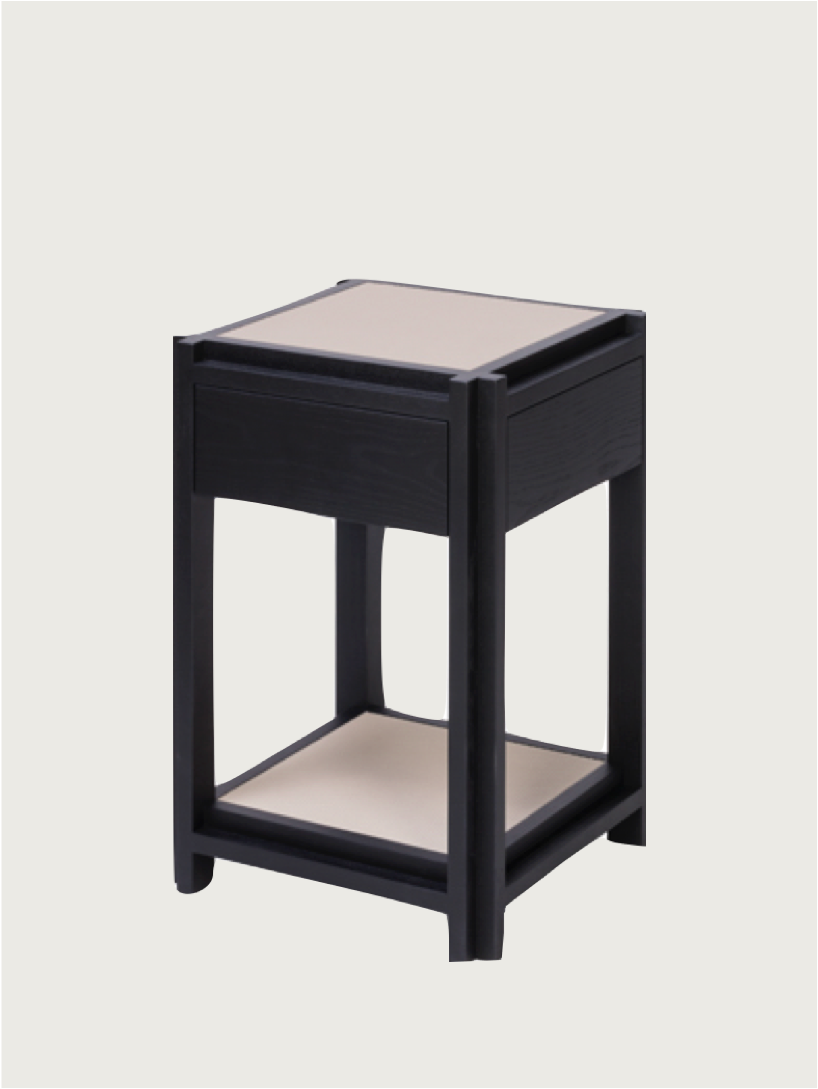 Black wooden bedside table with drawer and lower shelf detail