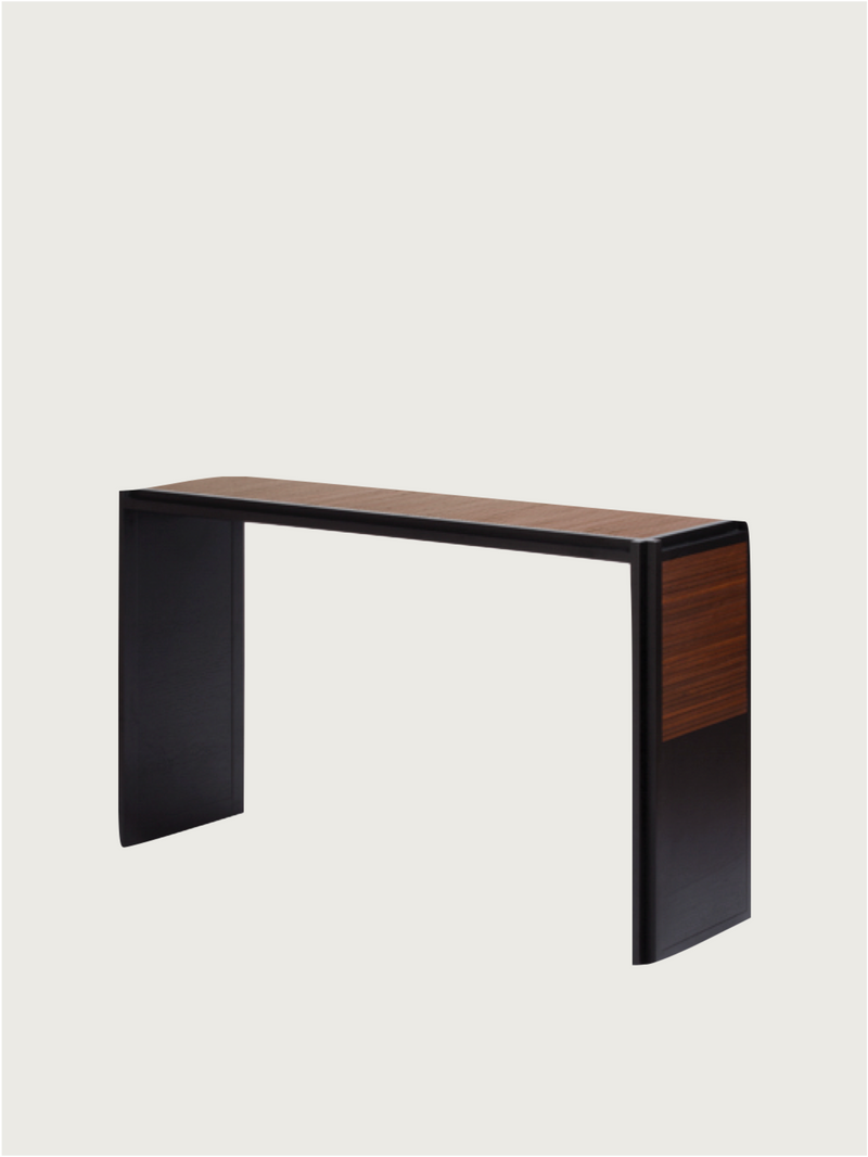 Modern black and walnut console table with geometric frame design
