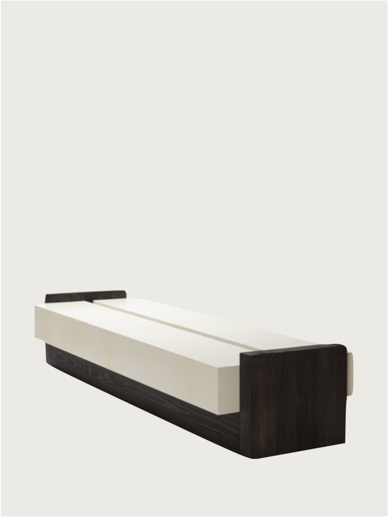 Attica long coffee table in parchment, perspective view showing sleek design