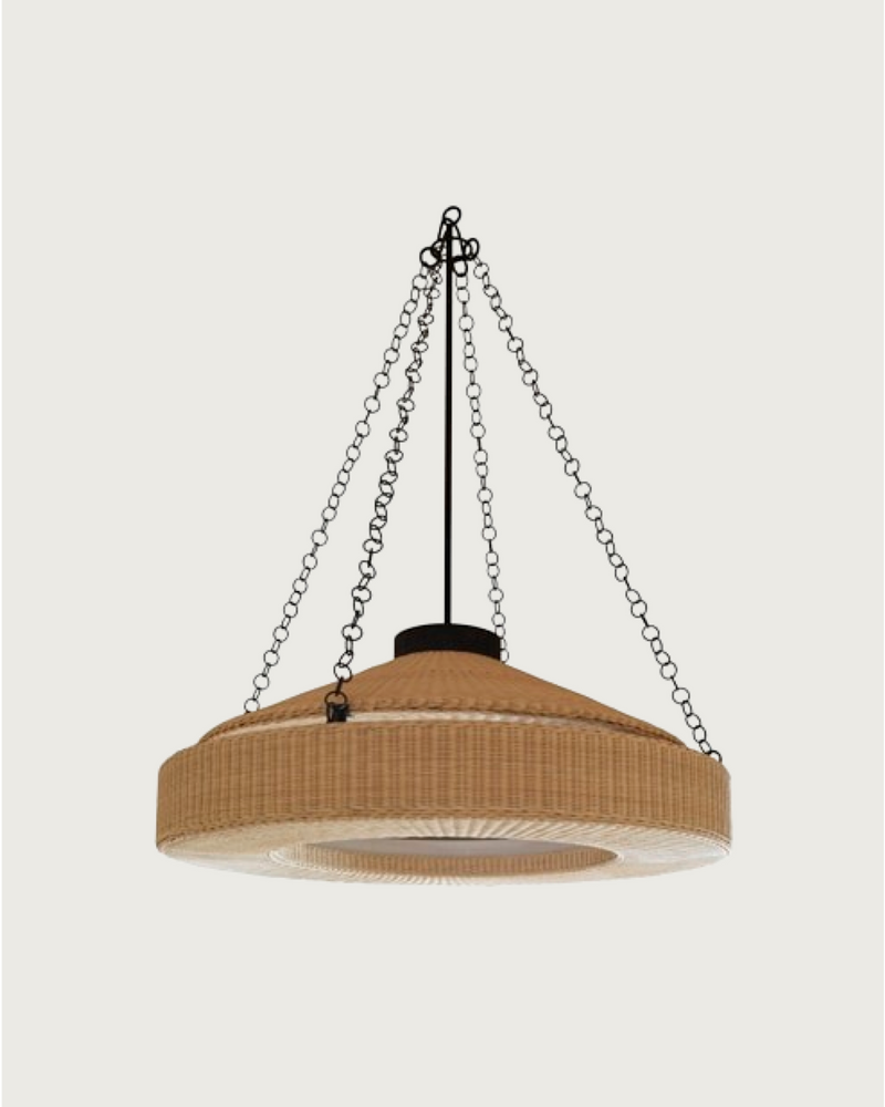 Woven rattan Orion round chandelier suspended by chains