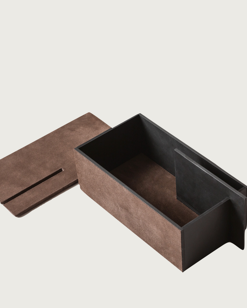 Malaparte luxury storage box with brown leather exterior and black interior compartments