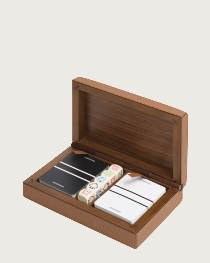 Royal dice and playing card holder in walnut wood box by Giobagnara