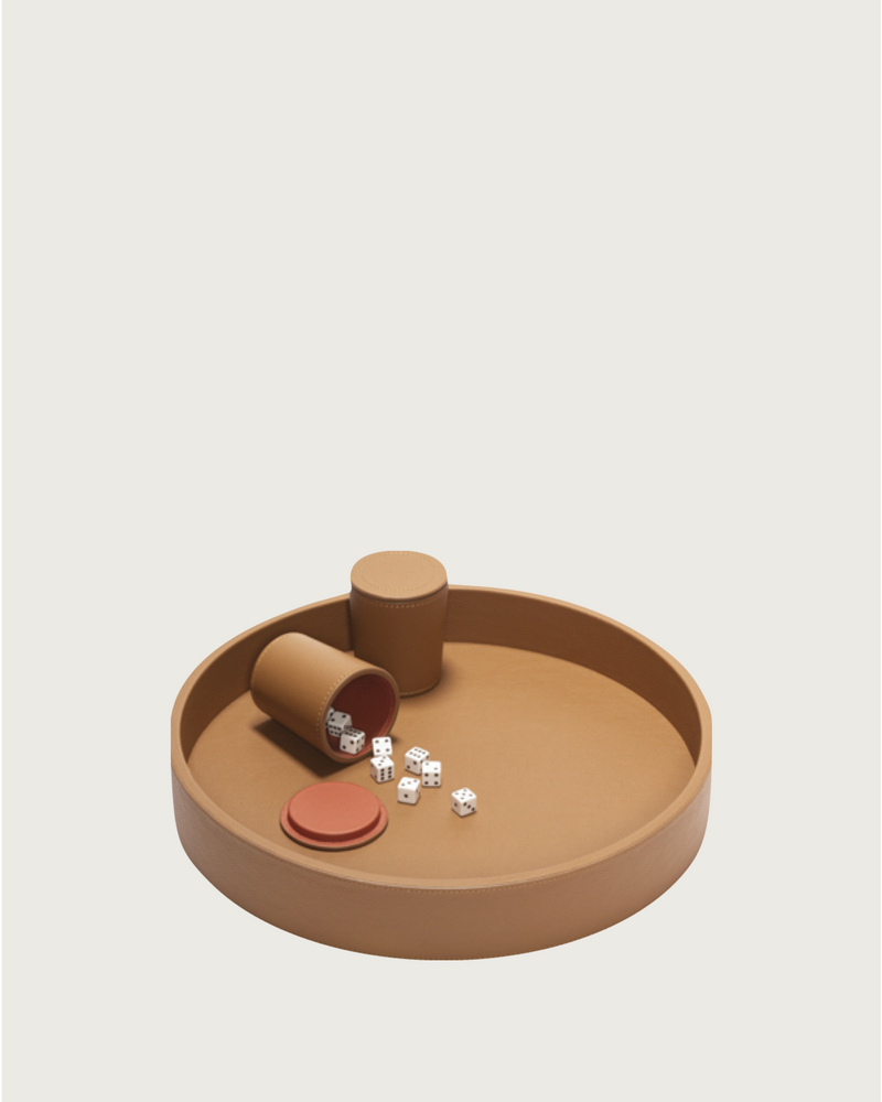 Luxury leather dice set with wooden cup and gaming chips by Giobagnara