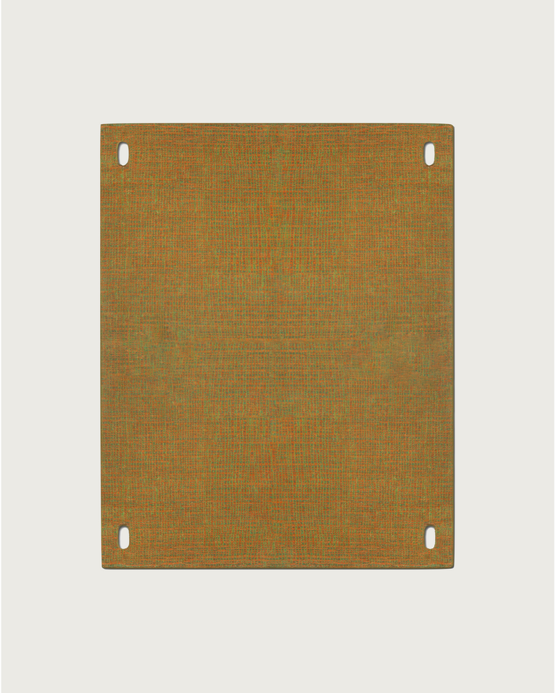 Hafner Büro’s Road Plate (Chopped and screwed orange) is a square, textured mat in golden-brown wool, featuring four rounded rectangular holes—one near each corner—and a subtle woven pattern on a plain background.