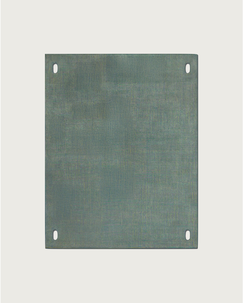 A square, light blue fabric panel with a subtle texture and four round holes from Hafner Büro's Road Plate collection, set against a plain white background.