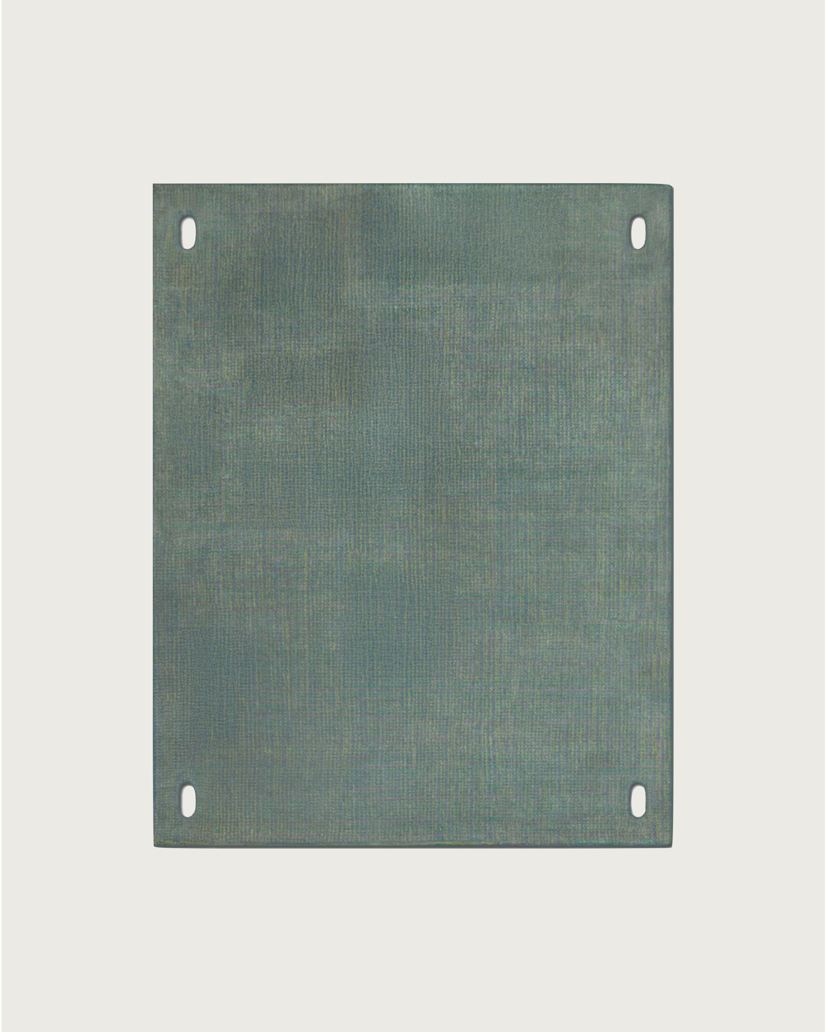 A square, light blue fabric panel with a subtle texture and four round holes from Hafner Büro's Road Plate collection, set against a plain white background.