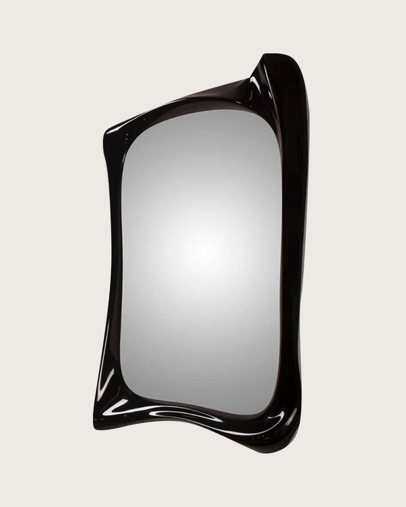 Contemporary Mirror in Wood - Narcissus Collection — close-up of glossy black frame