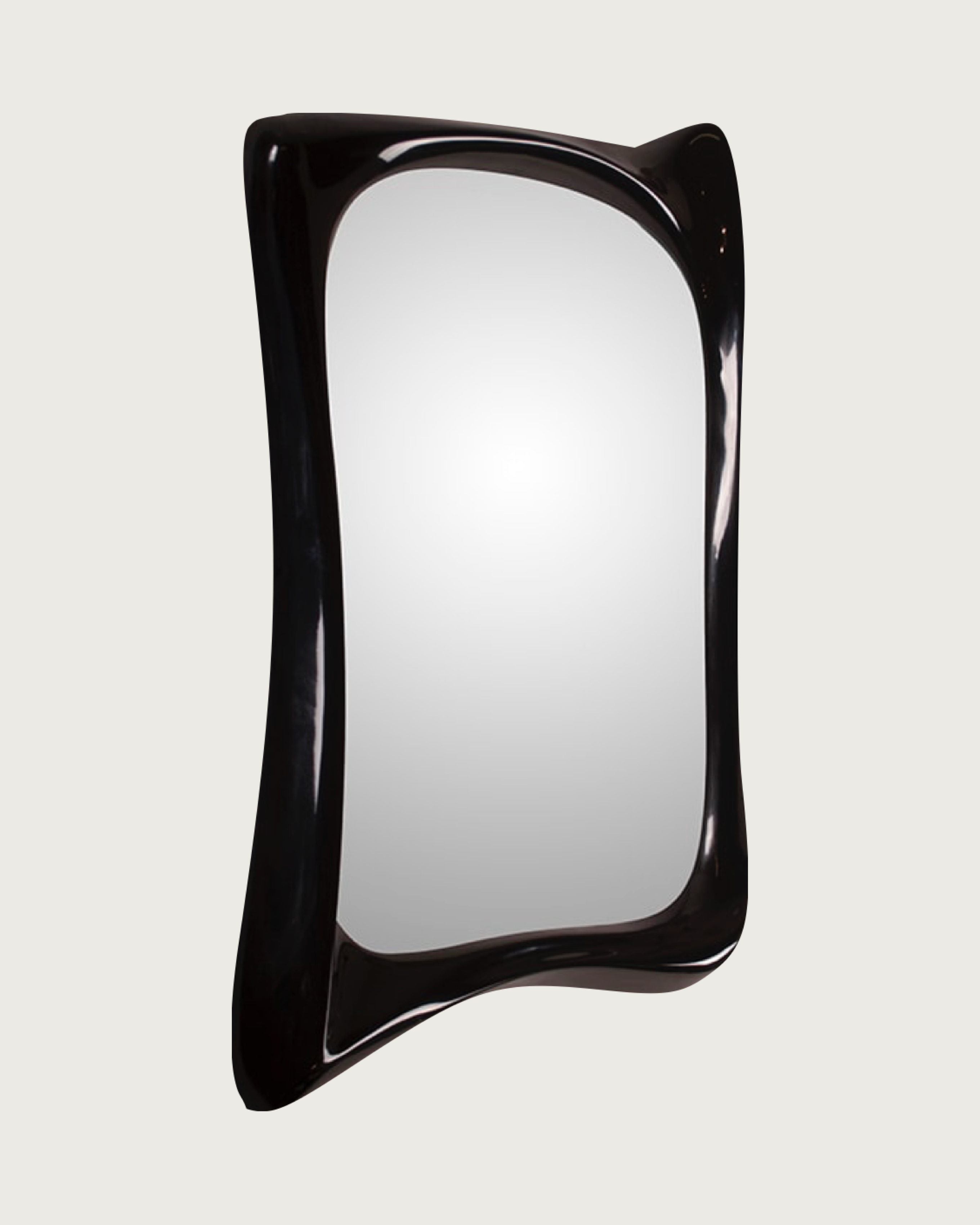 Contemporary Mirror in Wood - Narcissus Collection — side angle highlighting glossy black finish
