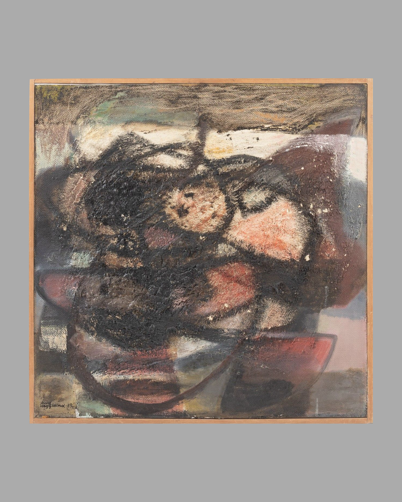Still life, Oil on Panel, 1969 by RELIC LONDON | The Oblist — dark tones, textured surface