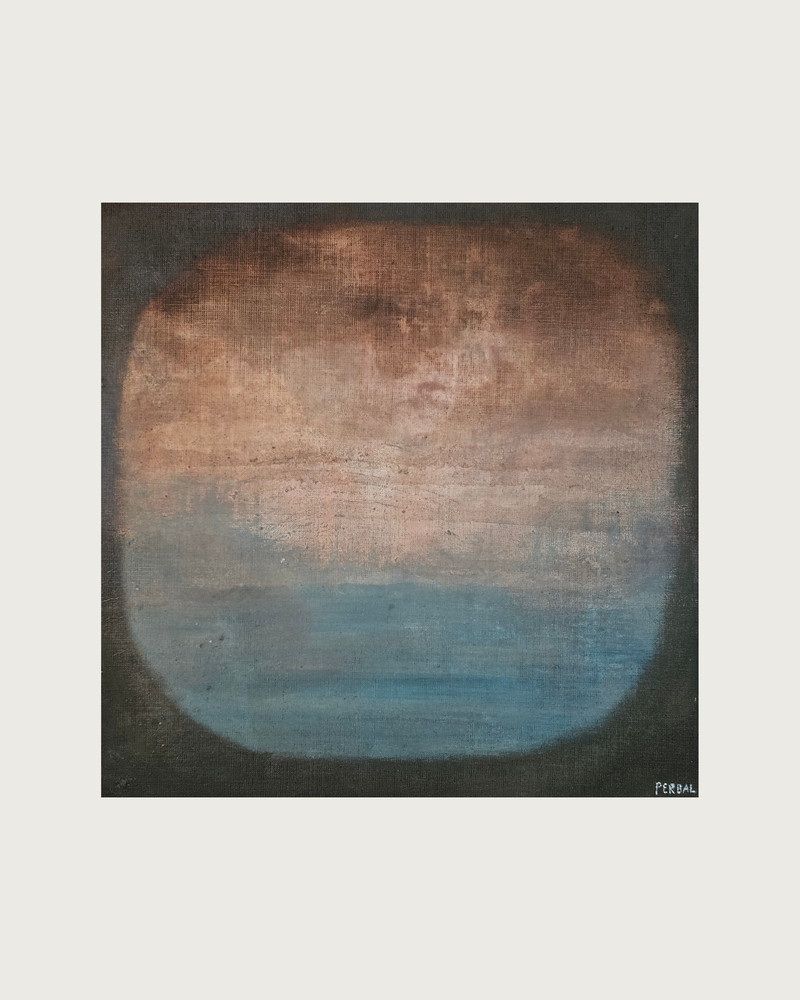 Peinture sur toile, peinture à la chaux et huile sur lin brut "à travers la fenêtre" (50x50cm)