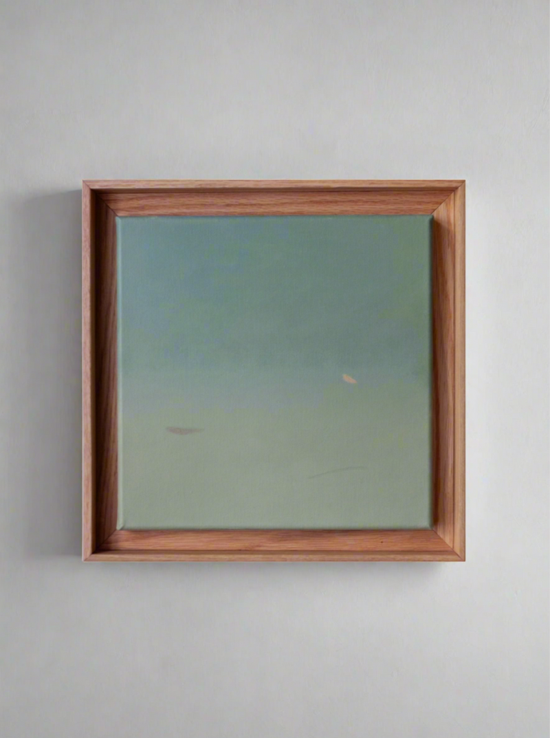 An Untitled, painting, 2024 by Rebecca von Matérn features a gradient from light to darker green, suggesting an abstract landscape or seascape. The shadow frame, made of hand-waxed oak, is simple and unadorned, emphasizing the serene and understated quality of the artwork.