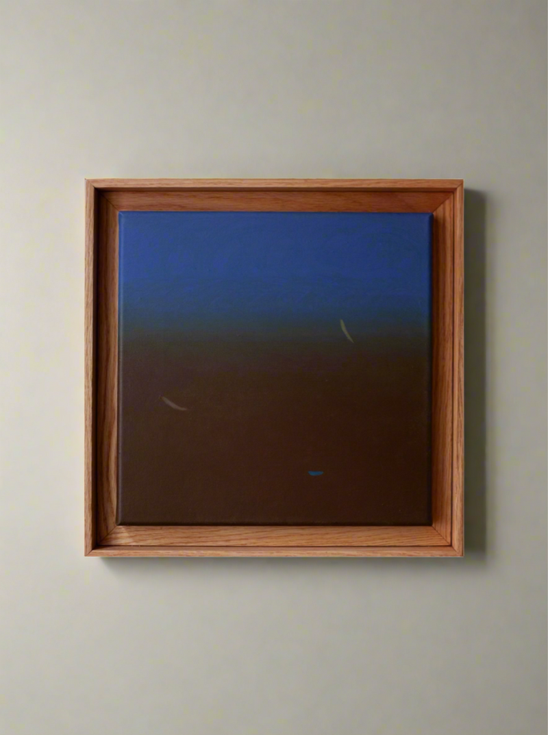 A framed painting depicting a gradual transition from dark brown to blue, with subtle, abstract fish-like shapes visible in the lower section, executed in acrylic on canvas titled "Untitled, 2024" by Rebecca von Matérn.