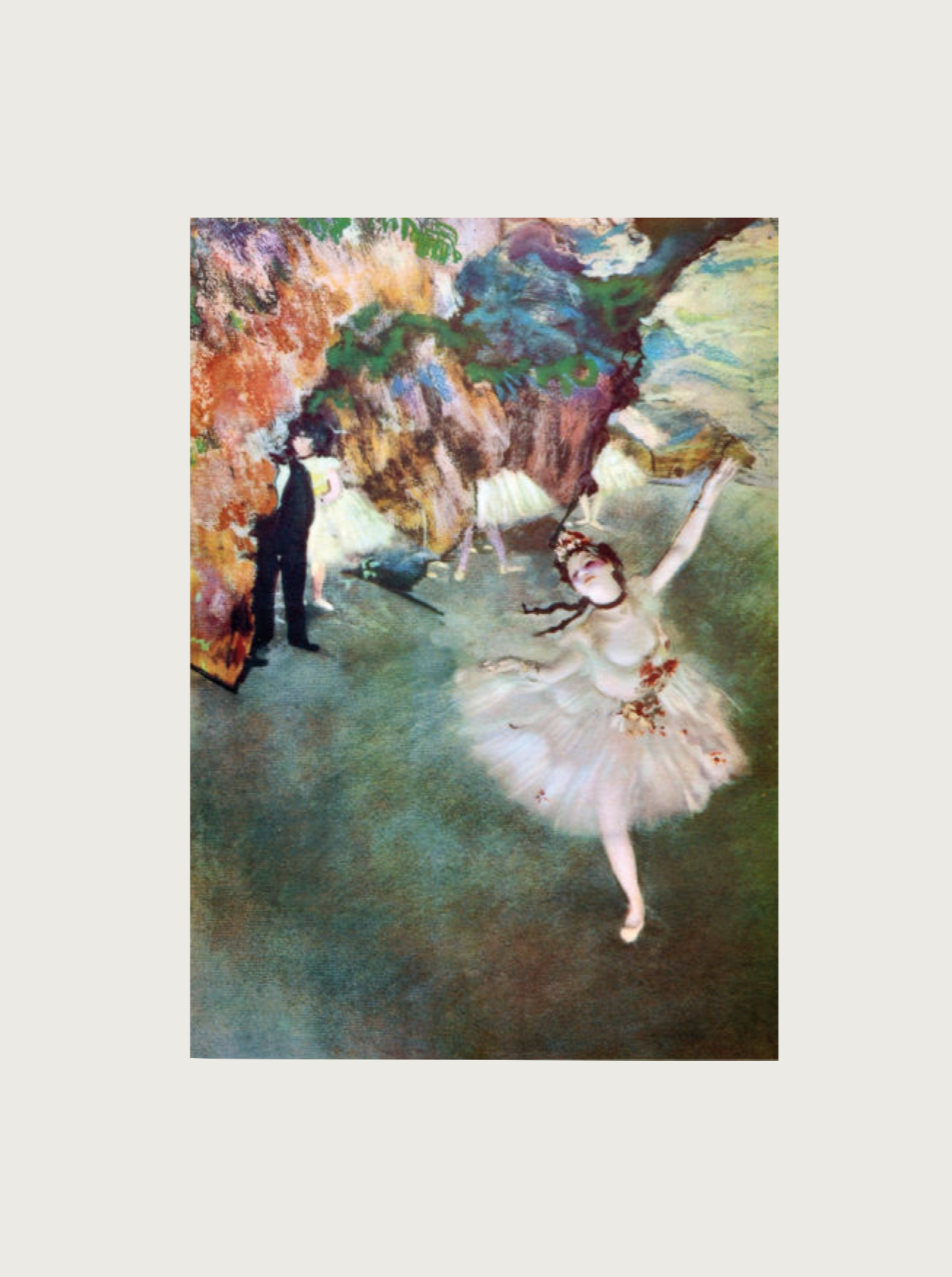 "The Impressionists - The Great Century of French Art painting by Maison Plage depicts a ballerina in mid-performance, wearing a white tutu, with two dark figures in the shadows by a colorful backdrop.