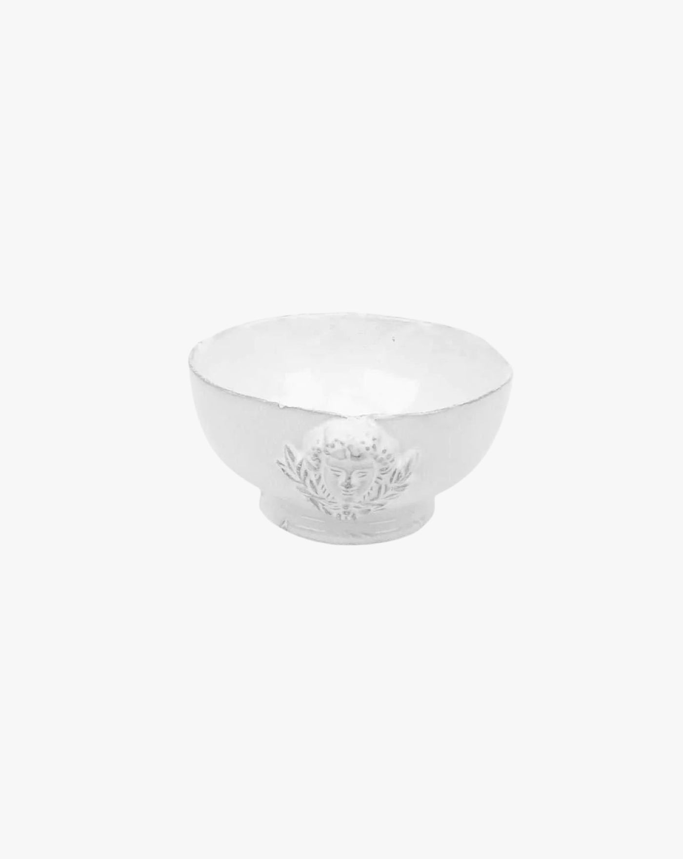 A Mon Jules Bowl On Foot by Carron, with a subtle embossed design near the base, handcrafted to embody French elegance, set against a pure white background.