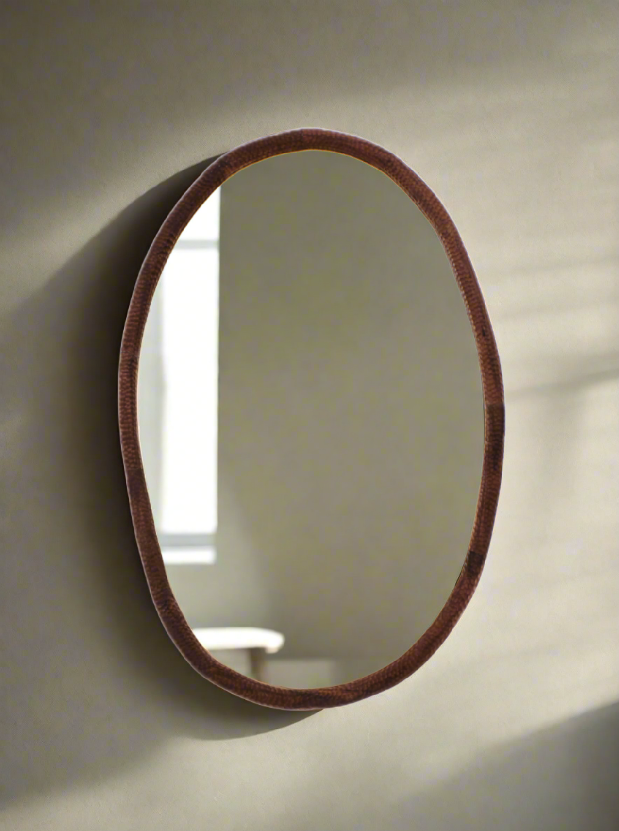 The Project 213A Amarante Mirror oval features an oval-shaped, solid wood brown frame. The mirror reflects a plain, light background, with a surface that appears smooth and clean. The solid wood frame has a subtle walnut texture, adding a touch of elegance to any room.