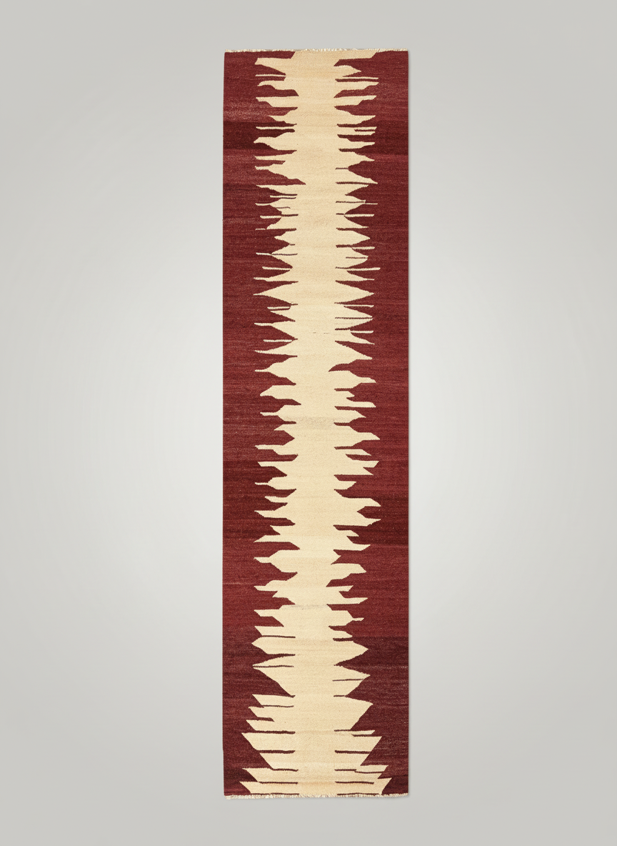 Waves Kilim Runner - Handwoven Rug by ISHKAR | The Oblist — handcrafted wool, red and cream