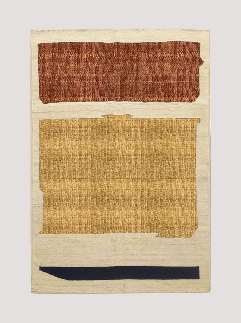 Handwoven ochre and walnut Shapes Kilim rug with intricate geometric patterns