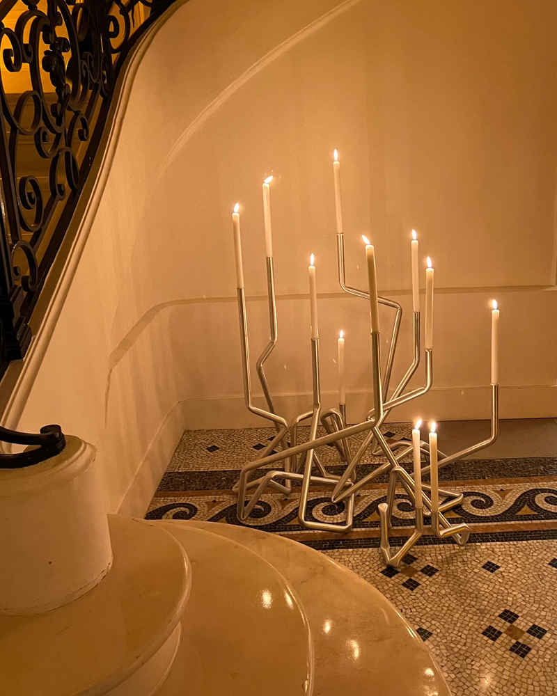 Spaghettoni (8-Armed Candelabra) with intricate wrought iron design and polished bronze finish