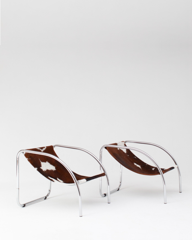 Pair of Cowhide Sling Chairs in Chrome Frame