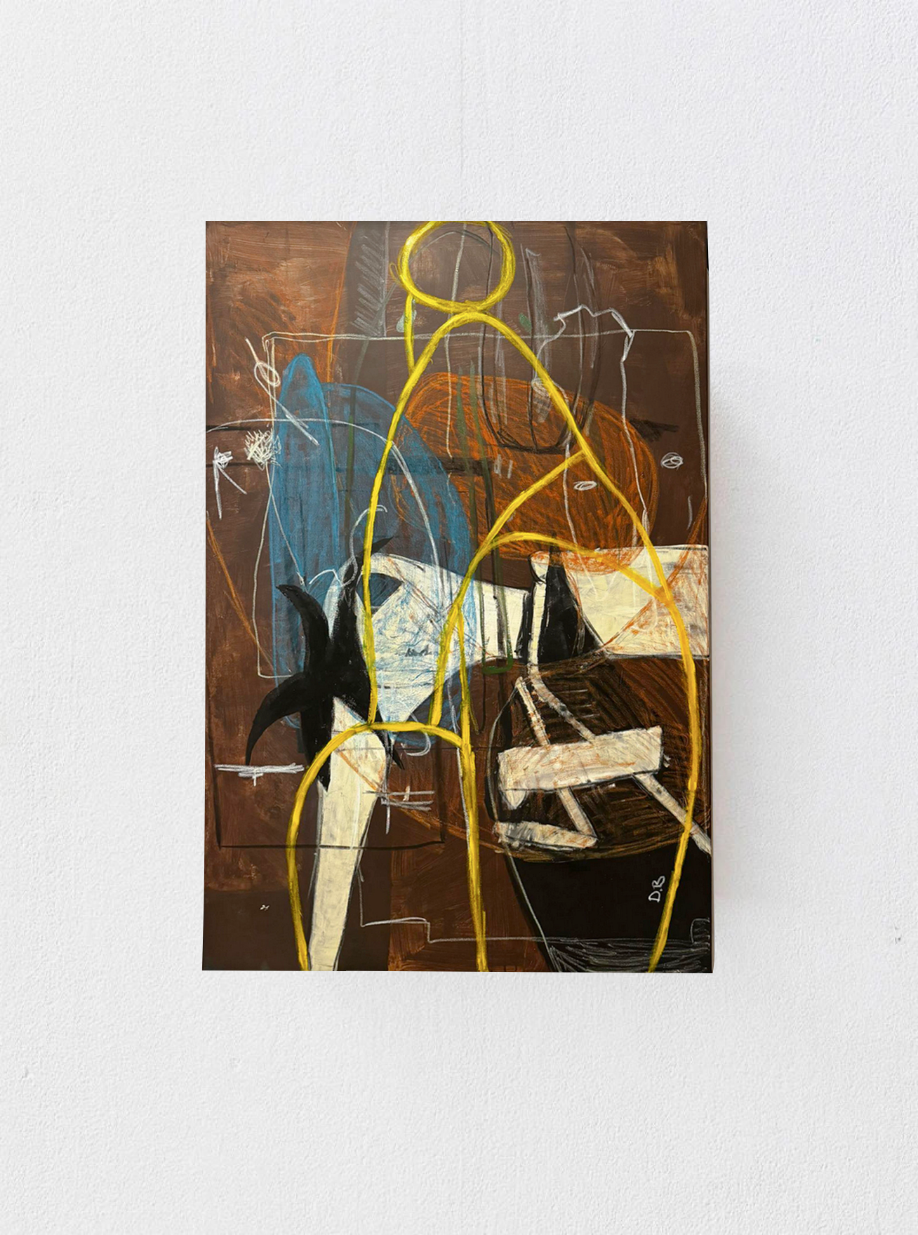 Observation Point - Painting by Dovile Bernotaite features a mix of dark brown, black, blue, and white shapes with overlapping yellow lines. The artwork is composed of various geometric forms and sporadic brush strokes, creating a dynamic and textured visual effect. Earthy tones add depth to the femininity expressed in the pieces. The painting is displayed on a plain white wall.