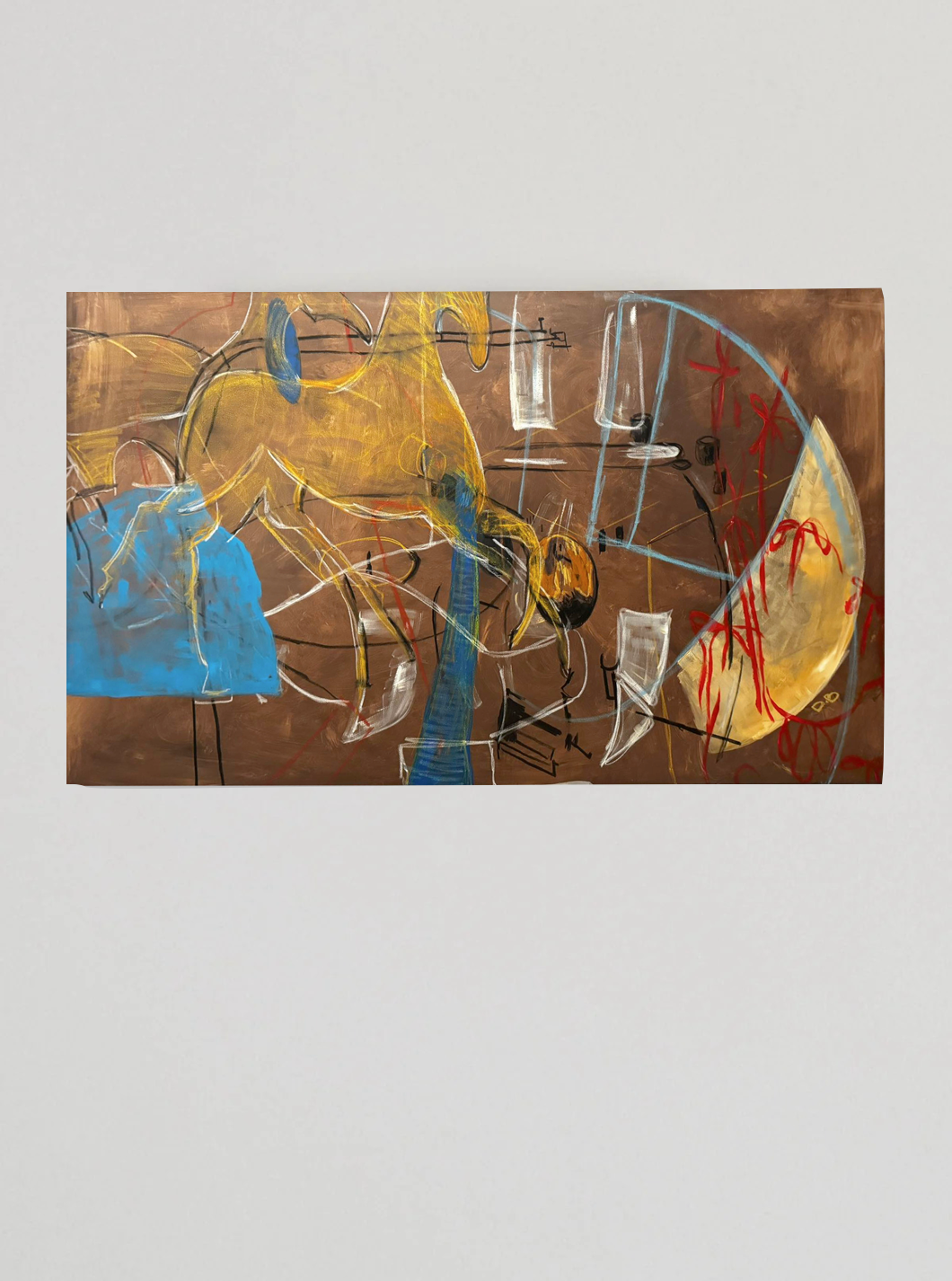 A rectangular abstract painting, Way of thinking - Acrylic, oil pastel, charchoal on canvas by Dovile Bernotaite, with a mix of prominent yellow, blue, and red strokes and shapes on a brown background. Like colorful gift ribbons, the painting features various overlapping lines, arcs, and geometric forms, displaying a dynamic and chaotic composition.