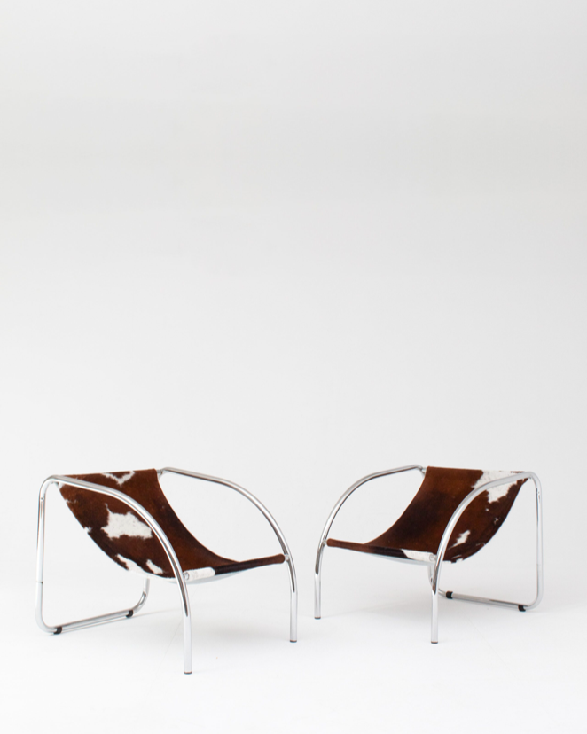 Pair of Cowhide Sling Chairs in Chrome Frame