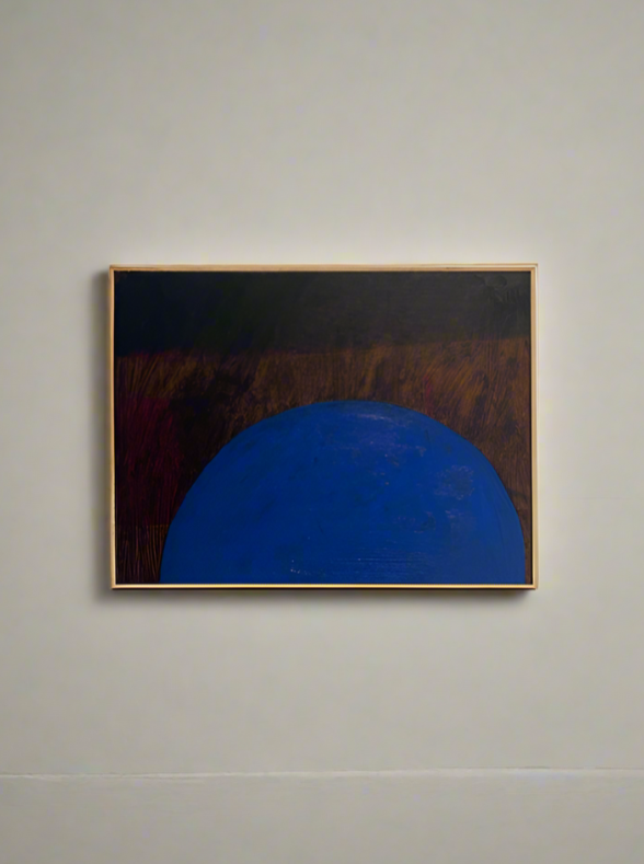 A Blue Table Painting by Lara Voce with a large blue semicircle at the bottom and dark brown and black hues blending above it, set against a plain wall, beautifully encased in a hand-crafted solid oak frame.