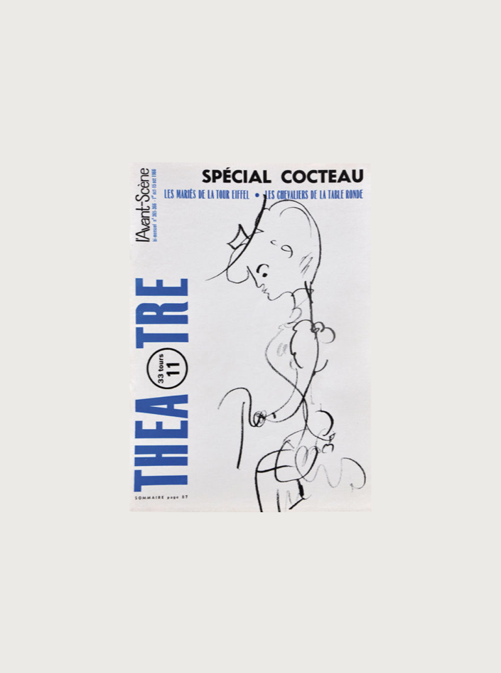 A minimalist theater poster reminiscent of a vintage book cover, featuring a hand-drawn profile sketch of a person with their eyes closed. The text reads "THÉÂTRE," "Spécial Cocteau Vintage Book by Maison Plage," and includes smaller details about the event and location in French. The poster has a white background with blue and black text.