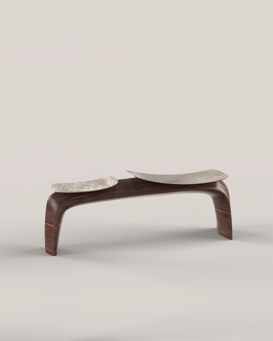 BAYOU V2 bench in Carved Solid Wood with Cast Bronze Seat