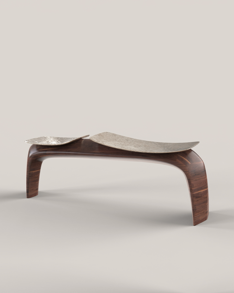 BAYOU V2 bench in Carved Solid Wood with Cast Bronze Seat