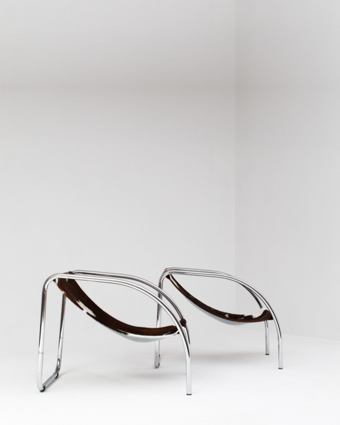 Pair of Cowhide Sling Chairs in Chrome Frame