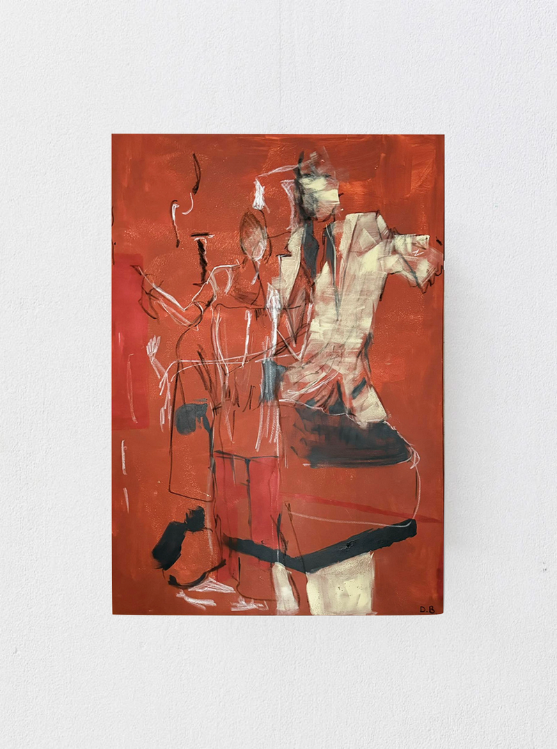 Abstract acrylic artwork titled "Couple - Acrylic, oil pastel, charcoal on canvas" by Dovile Bernotaite, featuring two loosely defined human figures in brownish hues, set against a vibrant red background. This exclusive piece captures a couple dancing with swift, expressive brushstrokes that add energy and depth to the scene.