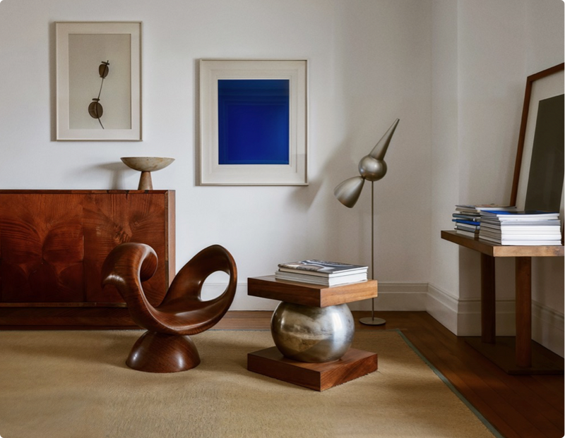 Stylish living room with a sculptural wooden chair, modern art on the walls, and a unique wooden coffee table with metallic accents.