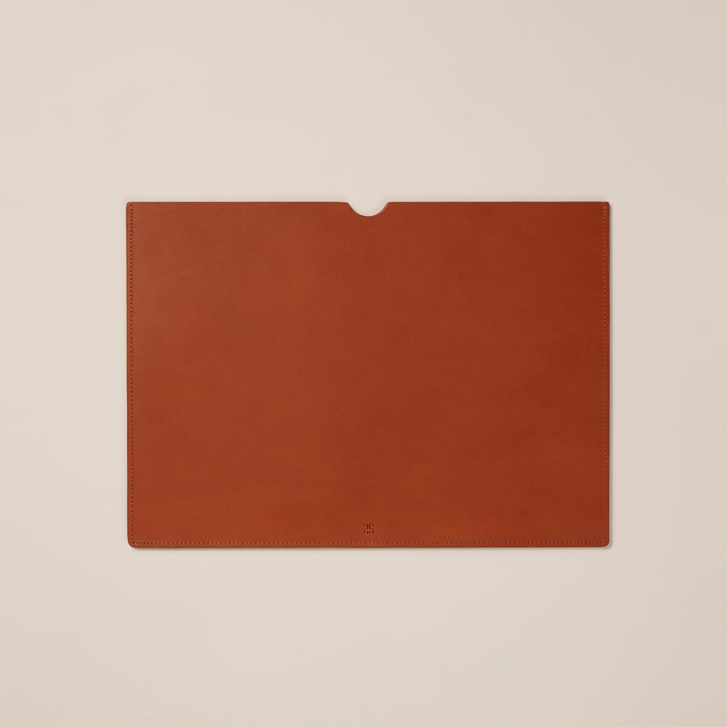 Leather Laptop Sleeve — top view of tan leather on neutral background