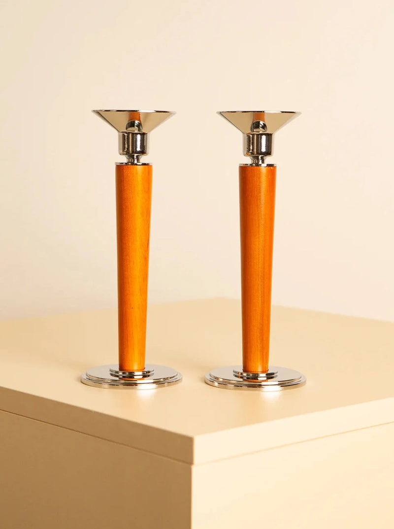Pair of vintage Italian wood and metal candleholders with intricate design