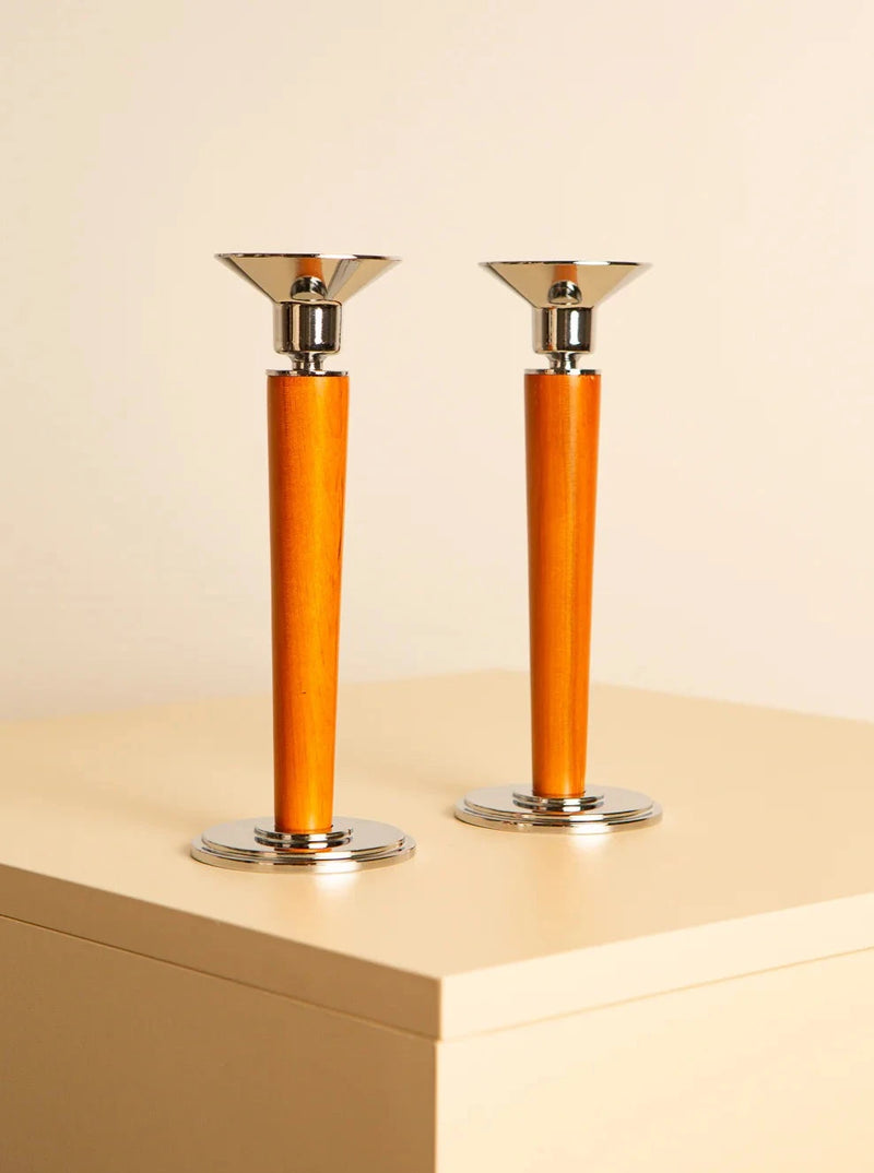 Set of two 1980s candleholders made of wood and metal in Italy