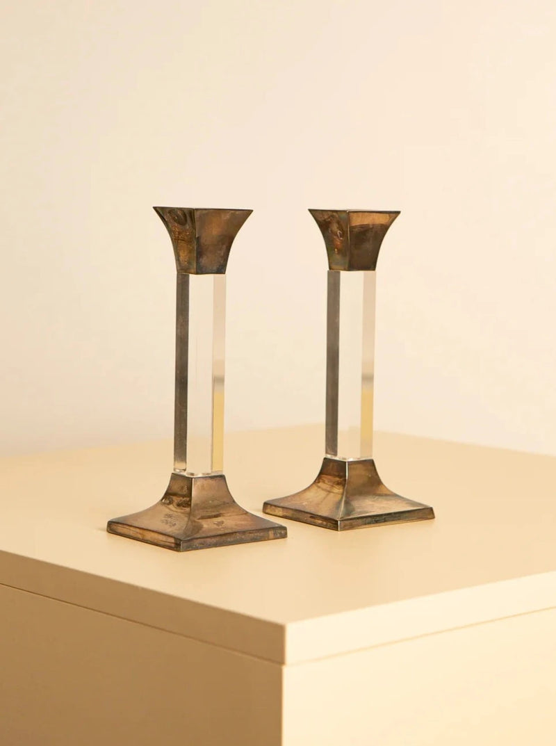 Pair of vintage 1970's silver and clear lucite candleholders