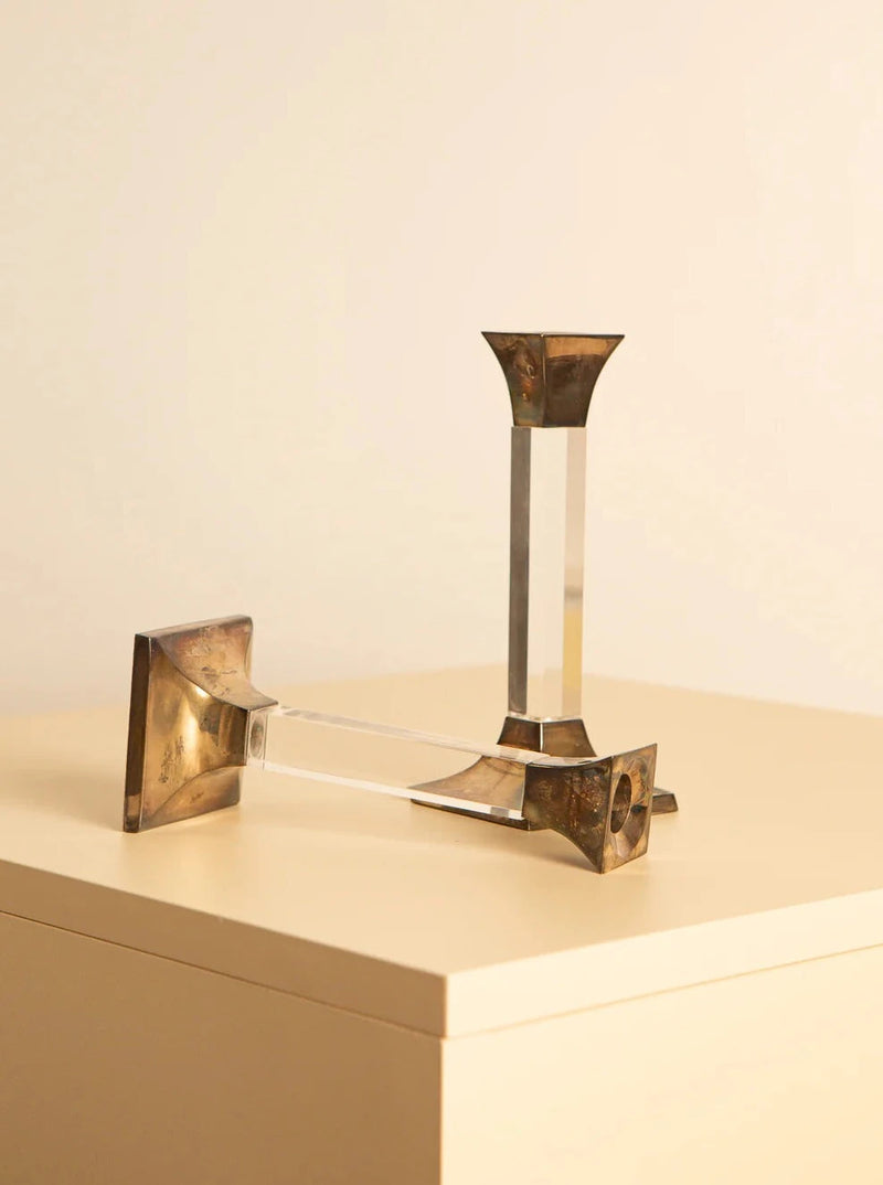 Set of two retro silver and lucite candlesticks from the 70's
